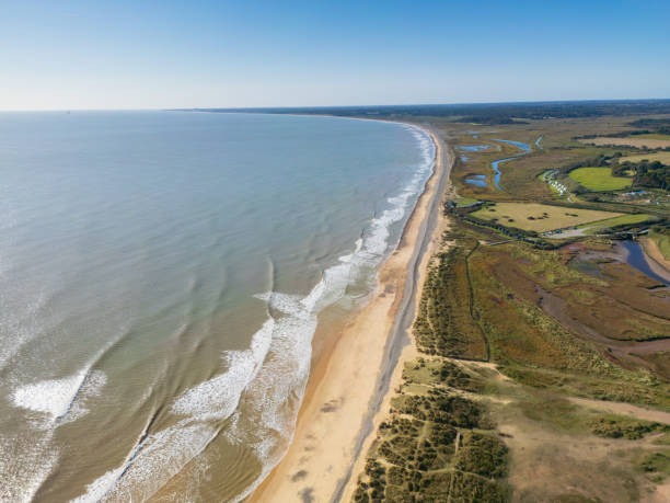 Aerial view of a Suffolk coasta beach. stock photo