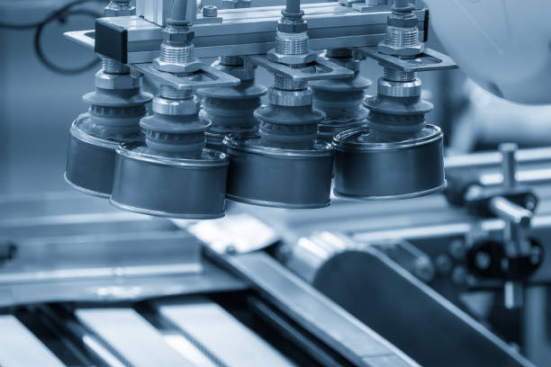 istock The high technology material handling process in canned food production by robotic system in the light blue scene. 2178536843
