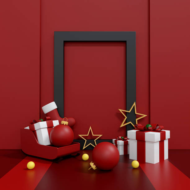 istock Modern Christmas holiday scene with gift boxes, ornaments and empty frame on red background. for seasonal promotions, advertisements and festive designs. 3D Illustration 2178537287