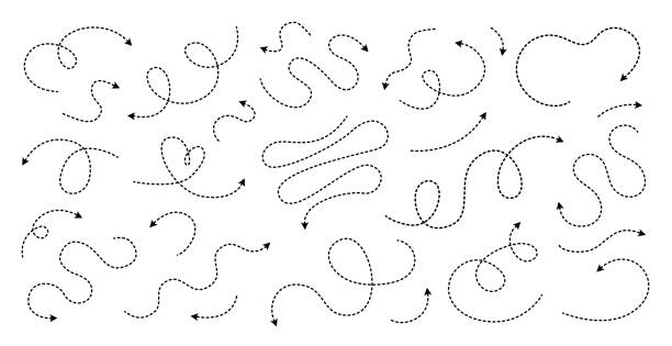 zestaw ręcznie rysowanych zakrzywionych przerywanych linii cienkich strzałek kierunkowych w stylu doodle - elementy z pętlą stock illustrations
