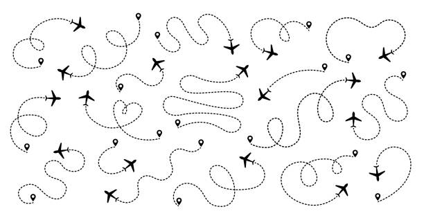 Set of airplane routes in dashed line trace. Plane route lines of aircraft tracking, location pins, planes, travel, map pins on white background. Vector illustration for infographic, map, track