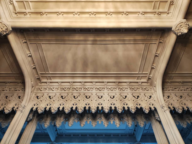 istock Antique ceiling arches with plaster moldings and old architectural plaster, decorative patterns, interior 2178544543