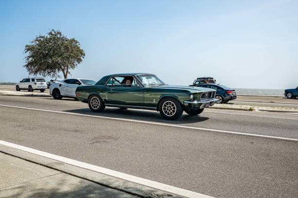 Gulfport, MS - October 04, 2023: Wide angle  front corner view of a 1968 Ford Mustang 2 Door Hardtop at a local car show.