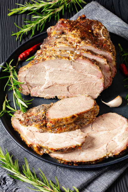 istock Roast Pork Neck sliced on a plate, top view 2178548292