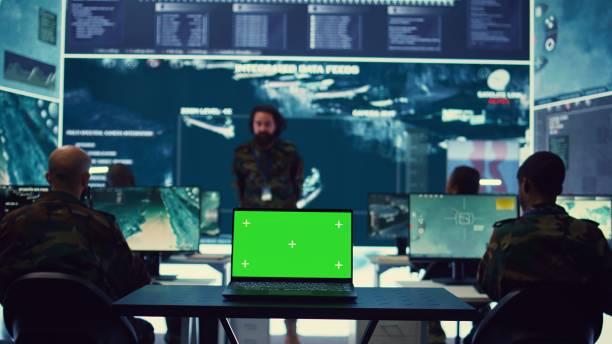 istock Laptop showing isolated mockup screen in army base of operations 2178555556