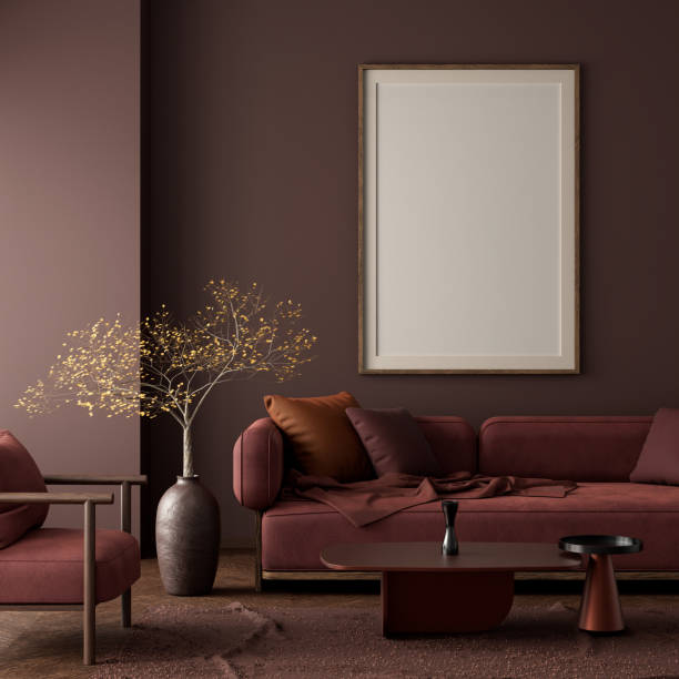 Mock up poster frame in boho style decorated livinig room. Modern, authentic Interior design of living room with wooden furnitures. 3D illustration