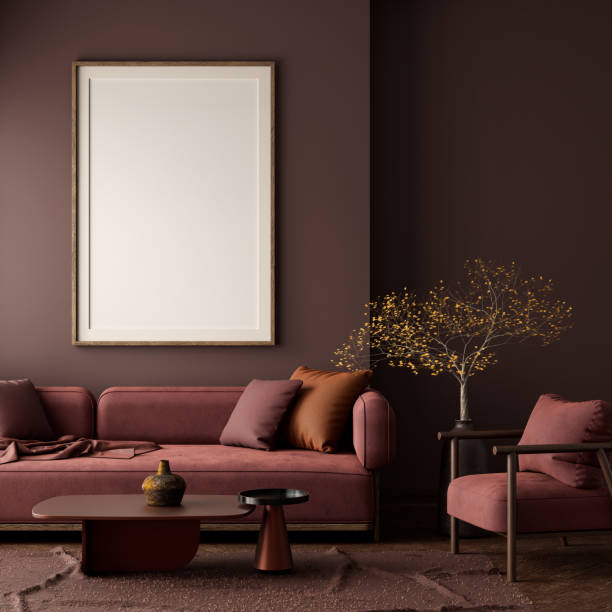 istock Mock up poster frame in boho style decorated livinig room. Modern, authentic Interior design of living room with wooden furnitures. 3D illustration 2178558532