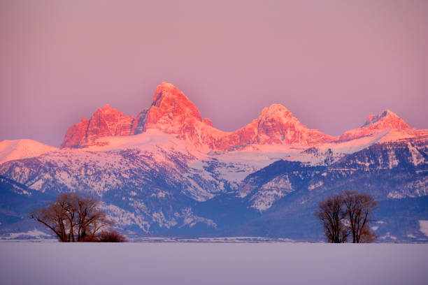 istock Teton Mountain Range Idaho Side Sunset Alpen Glow in Winter Blue Sky and Forest 2178560353