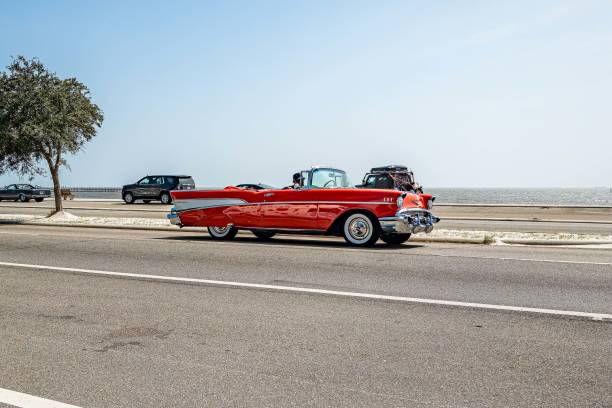 Gulfport, MS - October 04, 2023: Wide angle  side view of a 1957 Chevrolet Bel Air Convertible at a local car show.