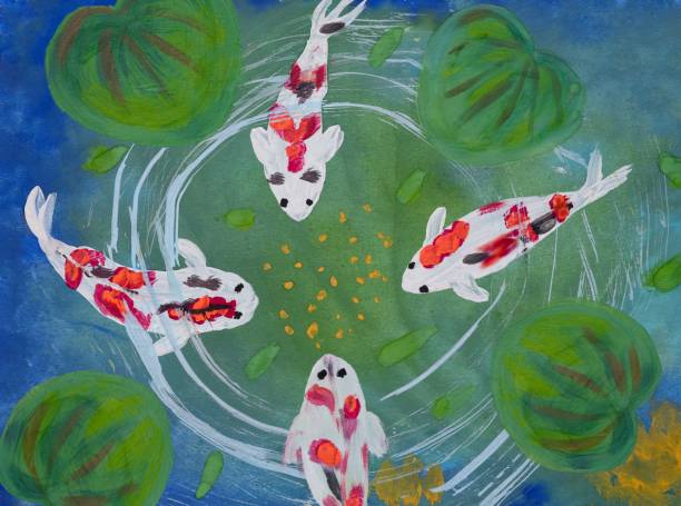 istock Four Koi carps in the pond. Child paint drawing 2178563097
