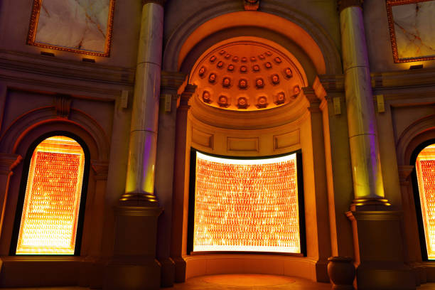 Las Vegas, Nevada - April 13, 2024: Stylish interior space featuring illuminated columns and glowing walls in a Las Vegas casino, showcasing luxury design.