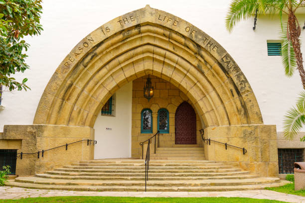 Santa Barbara, California - April 20, 2024: Architectural detail at Santa Barbara County Courthouse featuring iconic arches and intricate stonework.