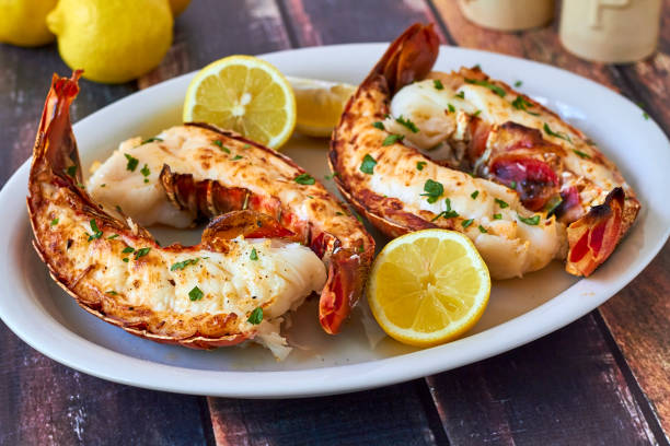 broiled rock lobster tails with drawn butter and lemon