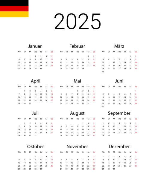 stockillustraties, clipart, cartoons en iconen met germany 2025 calendar. vector template start from monday. full months for wall calendar - duitse-cultuur