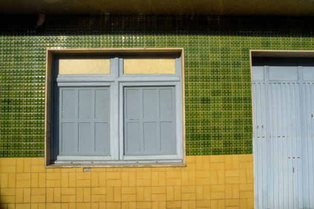 Window and door in color tiled facade