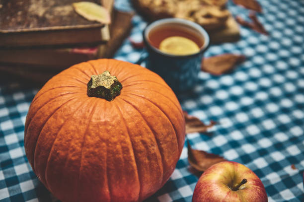 A pumpkin and apple on a checkered tablecloth embody autumn's charm. Nearby, a cup of tea and fallen leaves complete this warm, seasonal scene, perfect for celebrating harvest and coziness.