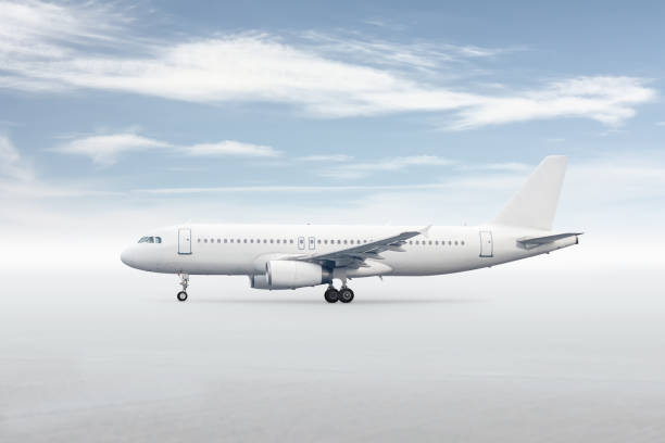 istock White passenger jetliner isolated on bright background with sky 2178583906