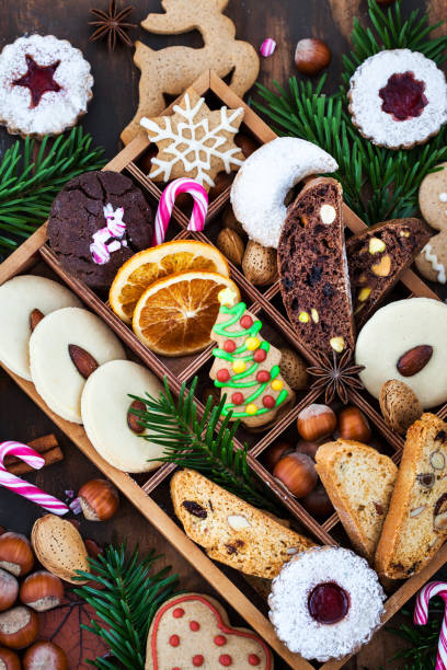 istock Sweet Christmas cookies in wooden box on rustic table 2178584735