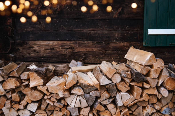 Stack of firewood in front of house