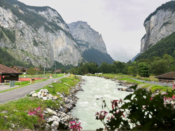 This image captures the pure and pristine waters of Weisse Lütschine river which flows through Lauterbrunnen , Switzerland. The summer landscape is vibrant with lush greenery and bright mountains in the distance.
