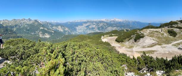A photograph captures a sunny mountain landscape with a funicular on a summer day.