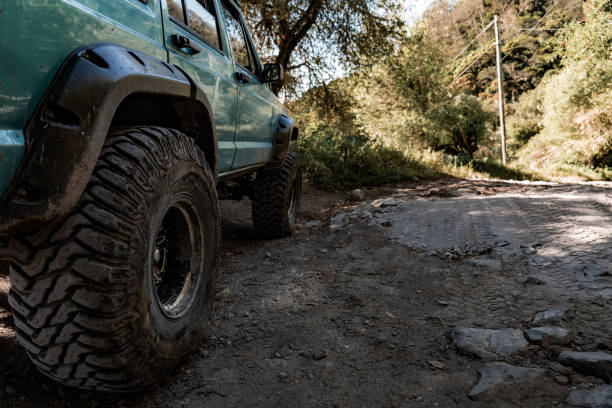 istock Dirty wheel of a jeep in a rural path 2178586972