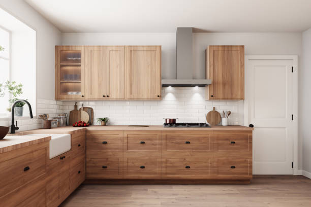istock This stylish wooden kitchen showcases sleek cabinetry complemented by a beautiful, inviting farmhouse sink. 3d render 2178587591