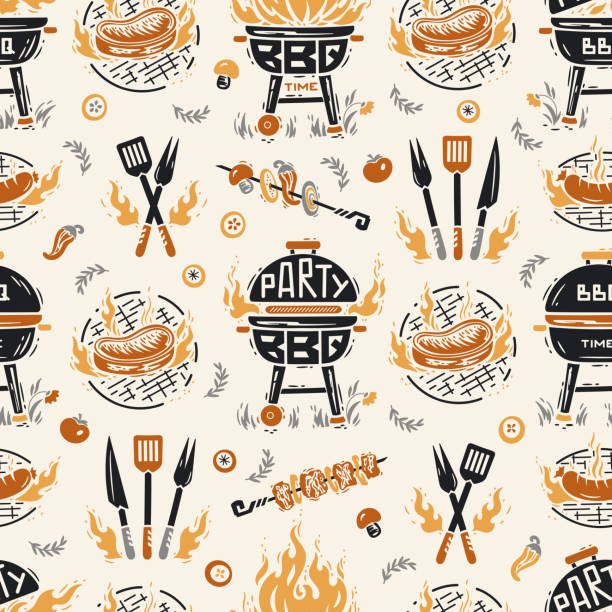 BBQ Party Time. Vector Seamless Food Pattern of Portable Charcoal Grill and Barbecue Meat and Vegetable. Meat Kebab or Shashlik and Barbeque Vegetable Skewer.