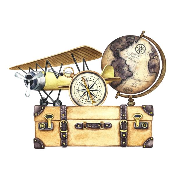 istock An aerial vintage trip. Vintage retro airplane, compass, suitcase and globe. The illustration is made by hand in watercolor. For postcards, banners, stickers and prints. 2178591280