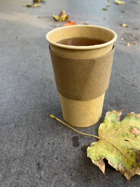 istock paper cup and dried leaf on table in autumn park 2178597428