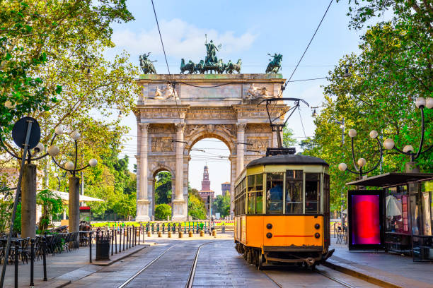 istock Tram and Arch of Peace 2178599653