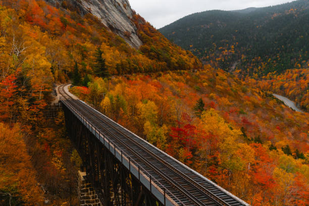 Conway Track Landscape North Conway, New Hampshire. Empty Railroad Tracks Fall Foliage Scenic New England. Mount Washington Valley Forest