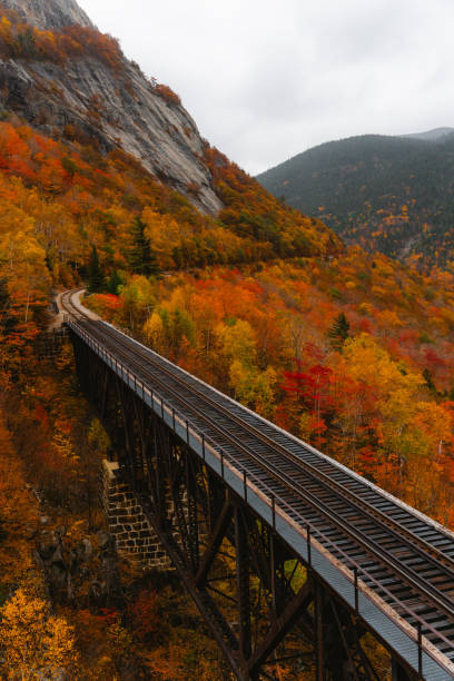 istock Conway Train Empty Railroad North Conway, New Hampshire. Tracks Fall Foliage Scenic New England. Mount Washington Valley Forest Landscape 2178607733