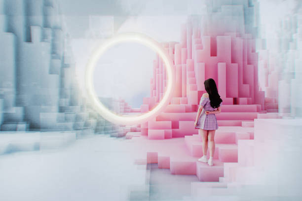 istock Young woman standing in abstract VR environment 2178609626