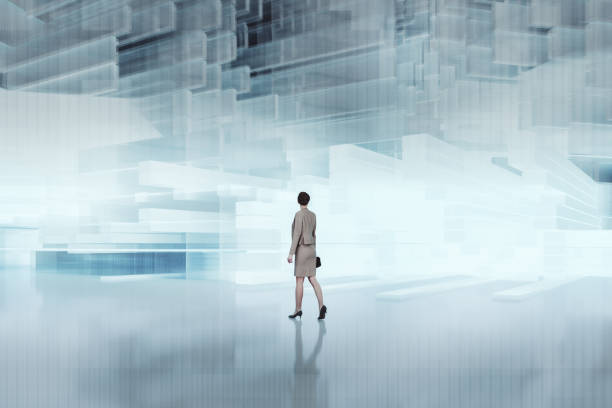 istock Businesswoman walking in glass VR environment 2178609652