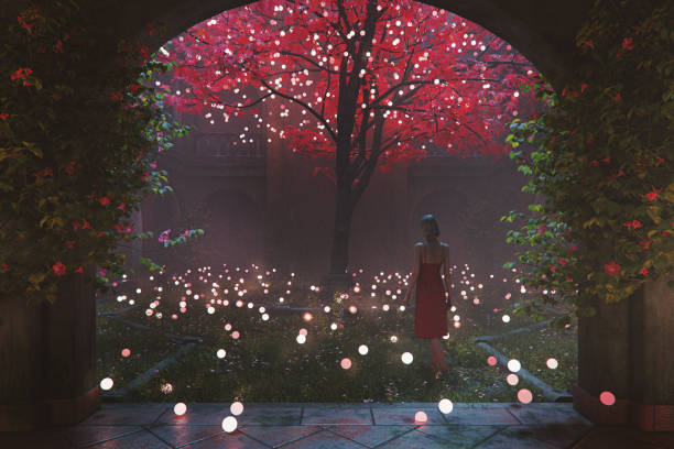 Woman walking in mysterious palace courtyard. 3D generated image. Palace is generic and not based on any real location.