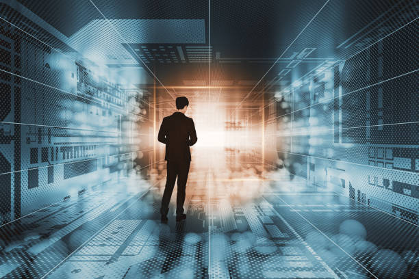 istock Businessman walking in futuristic corridor 2178609807