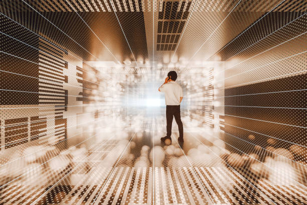 istock Man on the phone in futuristic corridor 2178609913