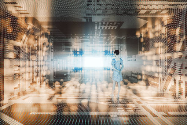 istock Woman standing in futuristic corridor 2178609950