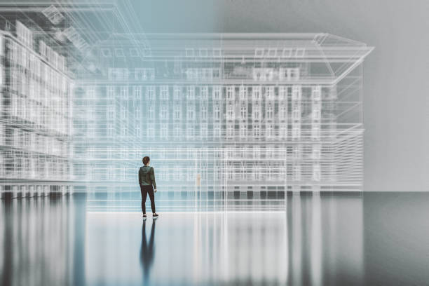 istock Woman standing in glass wireframe VR environment 2178609984