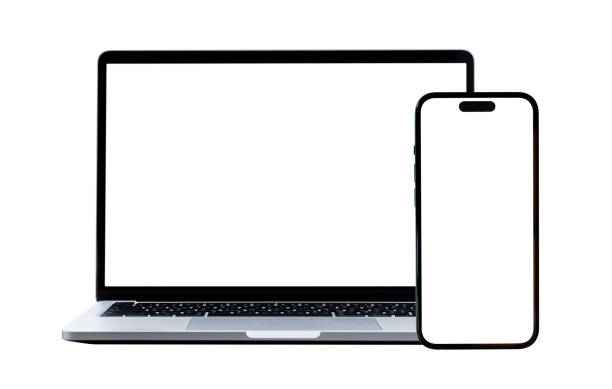 Laptop computer and mobile phone with blank screen isolated on white background, clipping path