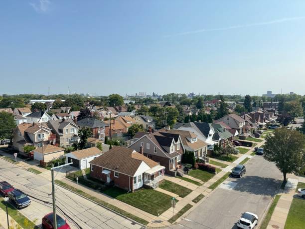 A residential area for middle-class American workers. Overhead view.