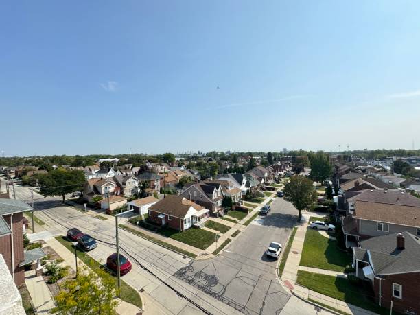 istock A residential area for middle-class American workers. Overhead view.Super Wide. 2178617454