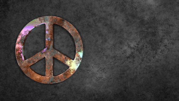 istock Rusty metal peace symbol on the black concrete background. 3D rendering. 2178626291