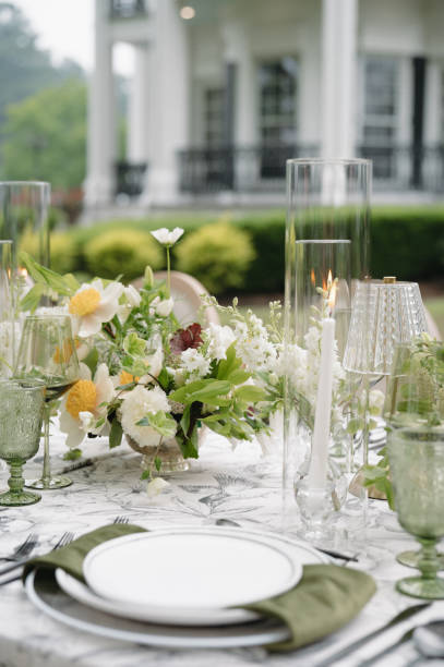 Green and White Wedding Day Reception Tablescape Centerpieces Design