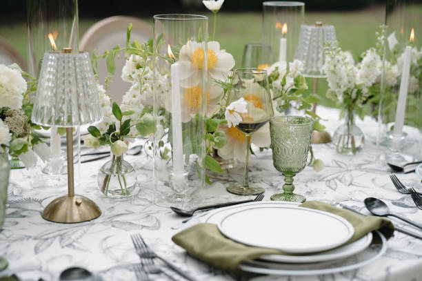 istock Green and White Wedding Day Reception Tablescape Centerpieces Decor 2178630517