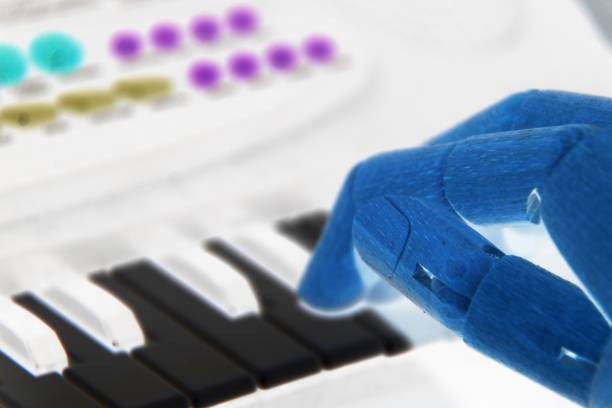 istock A robotic hand playing the piano with lights in the background 2178641450