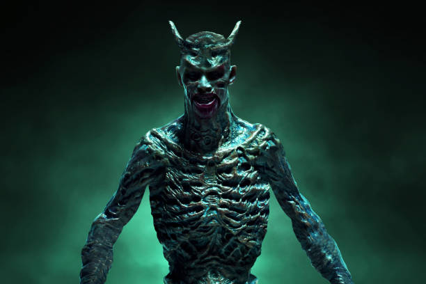 Scary rage angry devil on dark green smoke mist fog background, Halloween theme