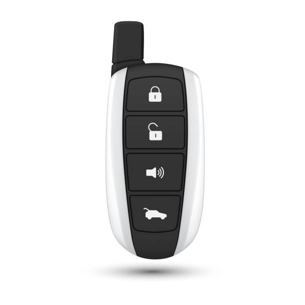 Car remote key access control electronic device with buttons realistic vector illustration Car remote key access control electronic device with buttons realistic vector illustration. Automobile door and trunk open close digital accessory technology equipment wireless lock and unlock car-trunk-open-icon stock illustrations
