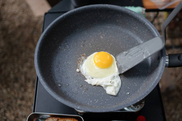 Fried sunny-side-up egg in a frying pan with a spatula.